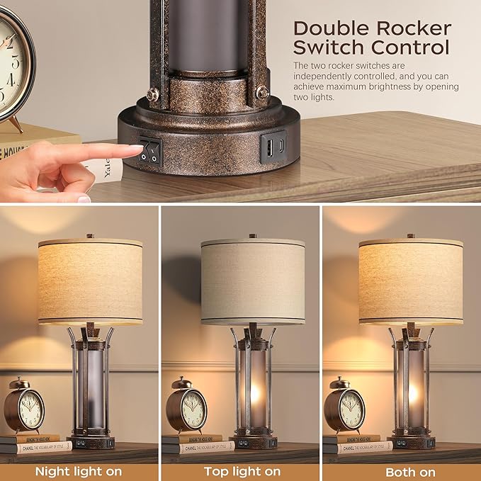 QiMH Farmhouse Table Lamps for Living Room, Rustic Beside Lamps for Bedroom with USB A+C Charging Ports, Nightstand Lamp with Frosted Glass Night Light for Home Decor, 4 Bulbs Included (Bronze)