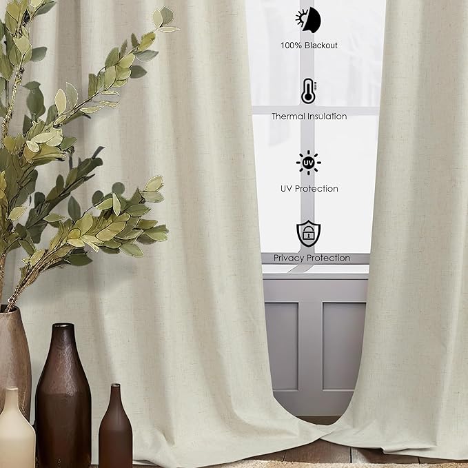 Neutral Burlap Curtains for Living Room 68 Inch Long Beige Closet Curtains for Open Closet Doors Sliding Panels Total Blackout Linen Curtain for Bedroom Aesthetic Light Blocking Viral Drapes