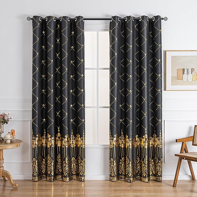Grommets Blackout Long Window Curtains Black Gold-52W*108L 2PCS Drapes for Bedroom