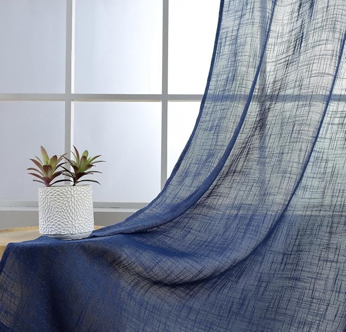 MIUCO Semi Sheer Curtains Poly Linen Textured Solid Grommet Curtains 63 Inches Long for Bedroom 2 Panels (2 x 37 Wide x 63" Long) Navy Blue