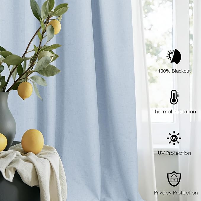 Light Blue Curtains 96 Inches Long for Living Room Linen Boho Blackout Room Darkening Back Tab Pleated Thermal Window Treatments Pale Blue Black Out Curtain Drapes for Bedroom Decor 96 Length 2 Panel
