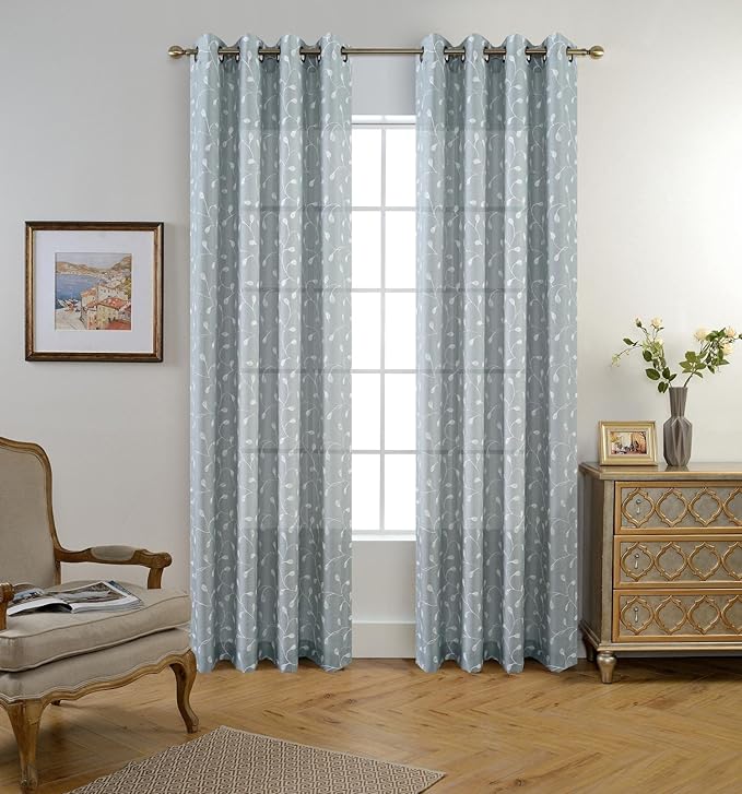 MIUCO Floral Embroidered Semi Sheer Curtains Linen Look Grommet Window Curtains for Bedroom 52 x 95 Inch 2 Panels, Sea Foam