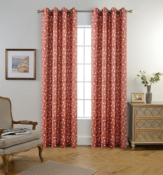 MIUCO Floral Embroidered Semi Sheer Curtains Faux Linen Extra Wide Grommet Window Panel Pair for Bedroom 52 x 95 Inch, Rust