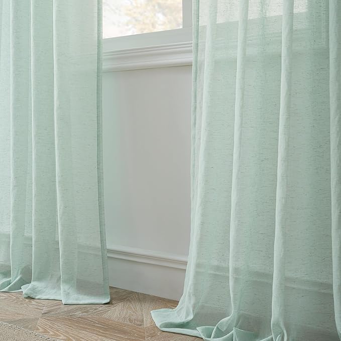 FMFUNCTEX Linen Sheer Curtains for Bedroom, Sage Green Curtains 63 Inch Length for Living Room, Farmhouse French Flax Blend Window Draperies, Rod Pocket 2 Panels Set