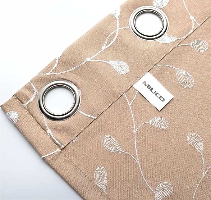 MIUCO Floral Embroidery Semi Sheers Curtain Faux Linen Grommet Window Curtains for Office 52 x 95 Inch 2 Panels, Taupe