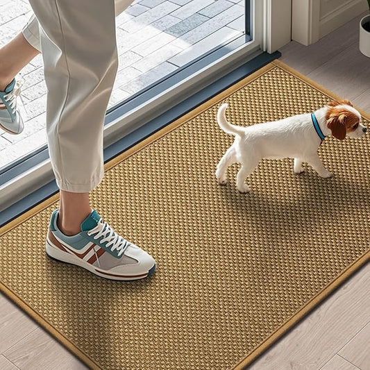 LEKEEPGO Door Mat 17"x29", Low-Profile Door Mat Indoor Entrance, Non Slip Rubber Backing Front Doormat Washable Absorbent Inside Indoor Resist Dirt Entryway Mat, Light Brown