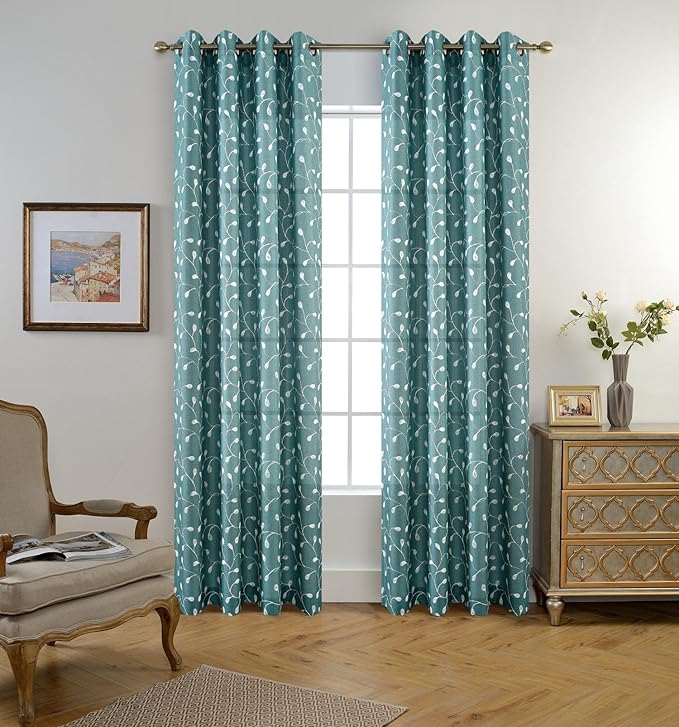MIUCO Floral Embroidery Semi Sheers Curtain Faux Linen Grommet Window Curtains for Bedroom 52 x 95 Inch 2 Panels, Teal