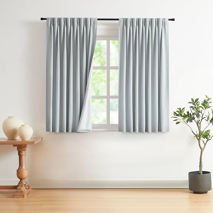 Vision Home Pinch Pleated Full Blackout Curtains Linen Blended Room Darkening Window Curtains 63 inch for Living Room Bedroom Thermal Insulated Pinch Pleat Drapes with Hooks 40" Wx63 Lx2,Bluish Gray