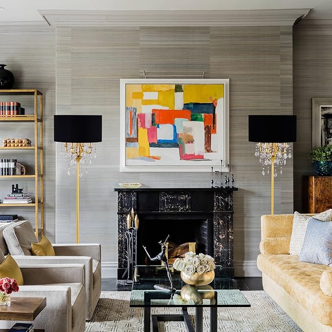 Wellmet Gold Crystal Drum Shade Floor Lamp, 6 Light Black Gold Shade, Candle Base for Living Room, Bedroom, Reading Room, Hallway, Corridor