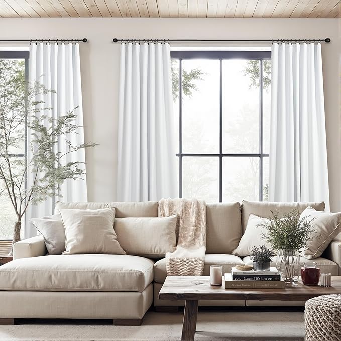 Extra Long Blackout White Curtains for 10 Foot High Living Room Darkening Large Window Pocket Back Tab Linen Drapes 120 Inches Long 2 Panels Set Noise Cancelling Thermal Light Blocking Luxury Stunning