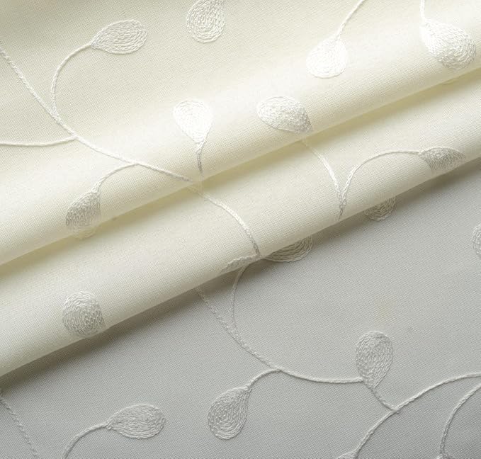 MIUCO Floral Embroidered Semi Sheer Curtains Faux Linen Grommet Curtain Panels for Living Room 52 x 95 Inch 1 Pair, Off White