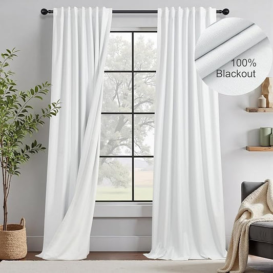 White Blackout Curtains 84 Inch Long 2 Panels Cotton Linen Thick Total Black Out Curtain for Bedroom Window 7ft Living Room Darkening Thermal Insulated Drapes Modern Farmhouse Shabby Chic 52x84 Length