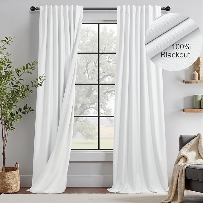 White 100% Blackout Curtains for Office at Home/Playroom/Classroom Thermal Insulated Cold Blocking Winter Curtains 92 Inch Length 2 Panels Neutral Modern Window Linen Cotton Back Tab Drapes 52x92 Long