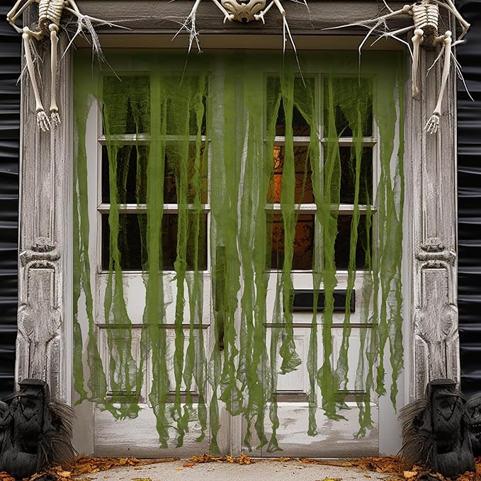 RunNico 2Pcs 85" x 60" Large Halloween Door Curtain Decoration, Green Gauze Doorway Curtain, Creepy Cloth Strip Drape for Halloween Horror Theme Party Haunted House Costume Decor