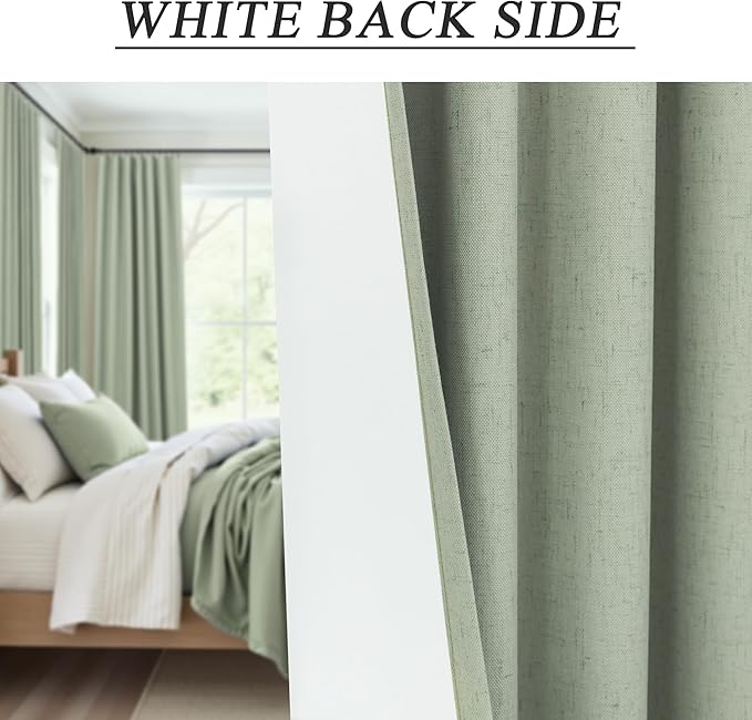 Sage Green Linen Curtains 108 Inches Long 2 Panel Set 100% Blackout Insulated Thermal Curtains for Summer Heat Blocking Light Green Drapes for Bedroom Living Room Sliding Door Rustic Country Farmhouse