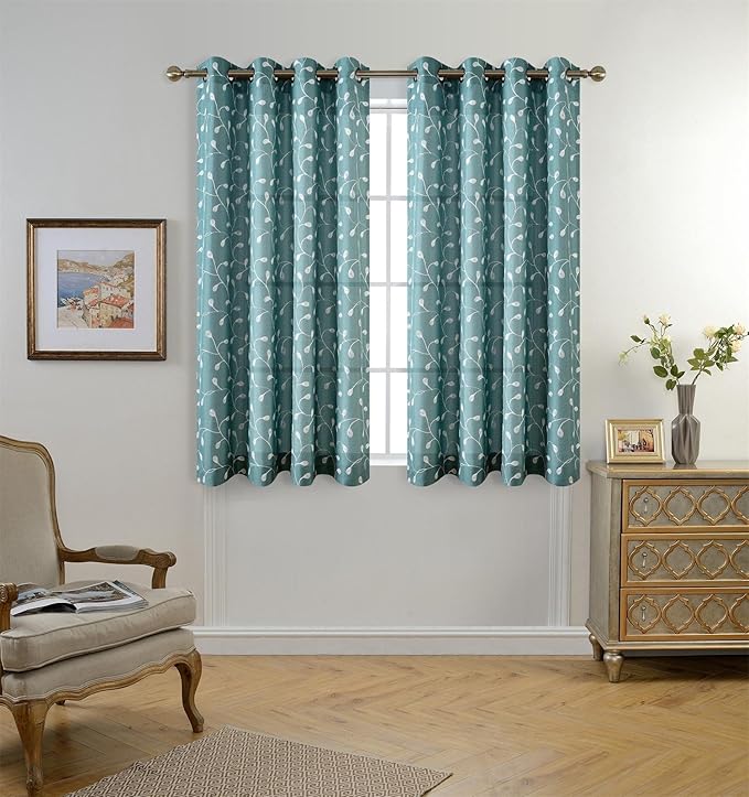 MIUCO Floral Embroidered Semi Sheer Curtains Faux Linen Grommet Window Panel Pair for Bedroom 52 x 63 Inch, Teal
