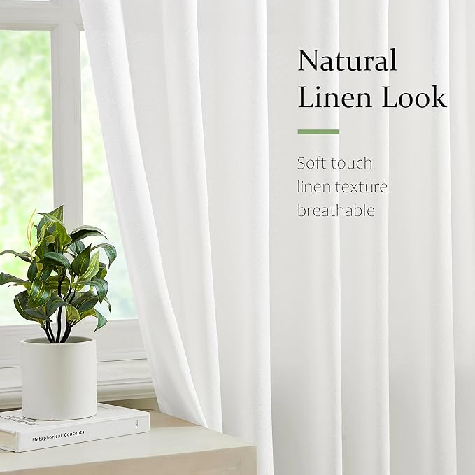 FMFUNCTEX Pinch Pleated Curtains 84 Inches Long for Living Room, White Semi Sheer Faux Linen Textured Pleat Drapes for Bedroom with Hooks, Light Filtering Neutral Farmhouse Window Drapes 2 Panels