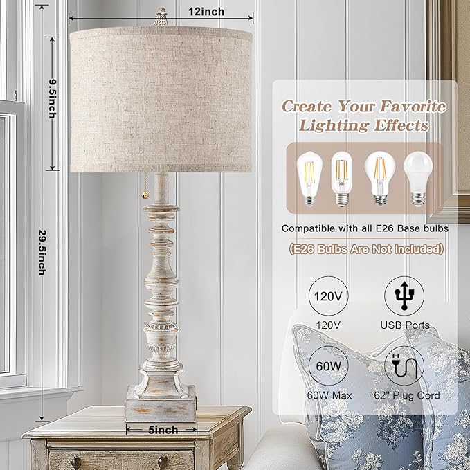 Set of 2 Farmhouse Table Lamps for Living Room, 29.5" Inch Tall Rustic Bedrooms Nightstand Table Lamp with USB-C & USB-A Charging + AC Outlet, Pull Chain Bedside Lamp for End Table, Antique White