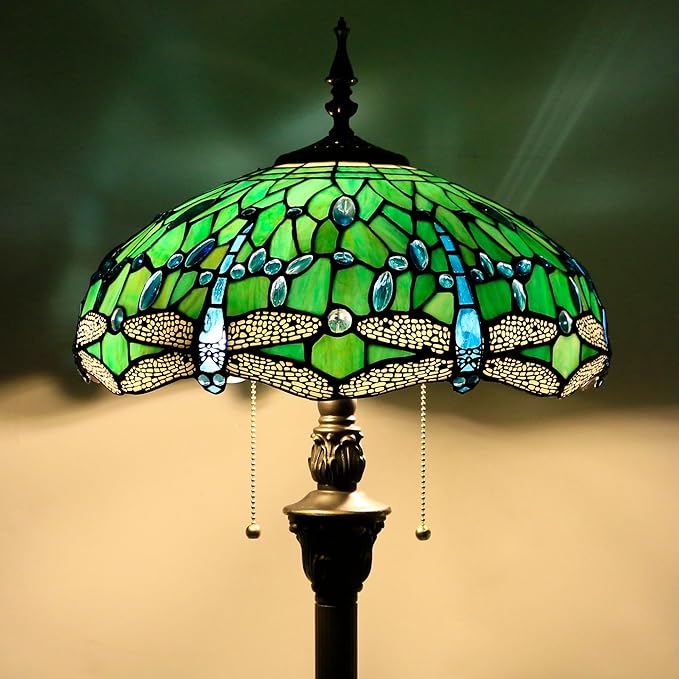Tiffany Floor Lamp Stained Glass Lamp Standing Reading Light 16x16x70 Inch for Living Room (Green Dragonfly)