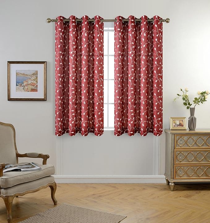 MIUCO Floral Embroidered Semi Sheer Curtains Faux Linen Grommet Curtains for Living Room 52 x 63 Inch 2 Panels, Burgundy