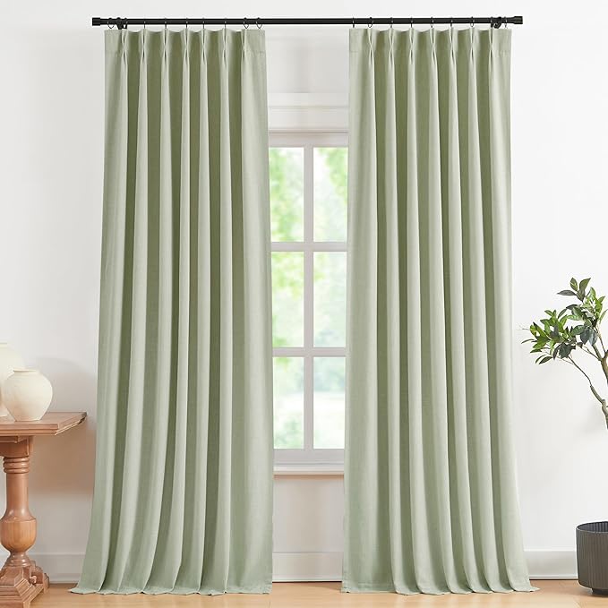 Vision Home Soft Green Pinch Pleated Full Blackout Curtains Linen Blended Room Darkening Curtain Panels 102 inch for Living Room Bedroom Thermal Insulated Pinch Pleat Drapes with Hooks 40" Wx102 Lx2