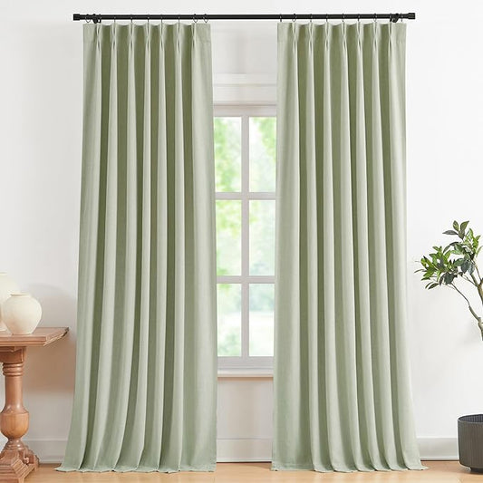 Vision Home Soft Green Pinch Pleated Full Blackout Curtains Linen Blended Room Darkening Curtain Panels 102 inch for Living Room Bedroom Thermal Insulated Pinch Pleat Drapes with Hooks 40" Wx102 Lx2