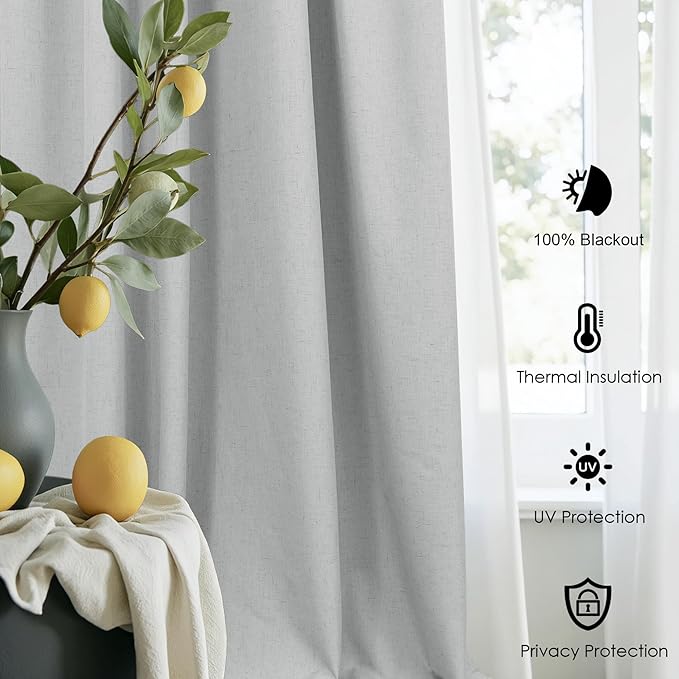 Light Grey Living Room Blackout Curtains 63 Inch Length 2 Panel Modern Farmhouse Dove Gray Black Out Curtains Linen Thermal Insulated Dining Room Darkening Long Drapes for Bedroom Bay Window Kitchen