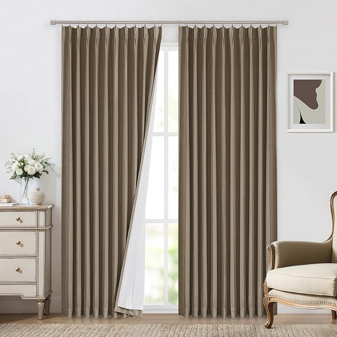Vision Home Brown Pinch Pleated Full Blackout Curtains Linen Blended 60" Wide Thermal Insulated Window Panels 120 inch for Bedroom Living Room Darkening Pleat Drapes with Hooks Back Tab 60" Wx120 Lx1