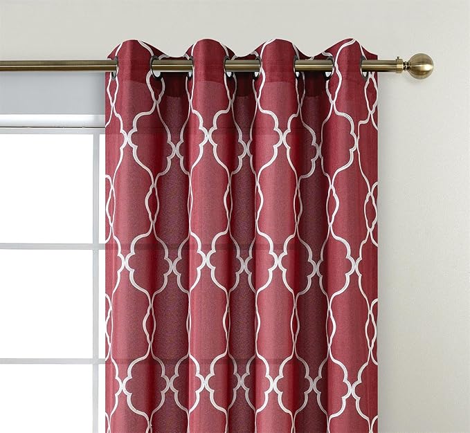MIUCO Moroccan Embroidered Semi Sheer Curtains Faux Linen Grommet Window Curtains for Bedrooom 52 x 84 Inch 2 Panels, Burgundy
