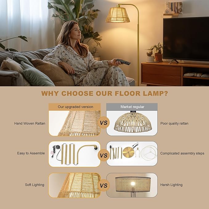 Oneach Arc Floor Lamp for Living Room with 3 Color Temperatures, Farmhouse Floor Lamps with Remote & Dimmable Bulb, Rattan Boho Floor Lamp with Hand-Woven Wicker & Fabric Shade