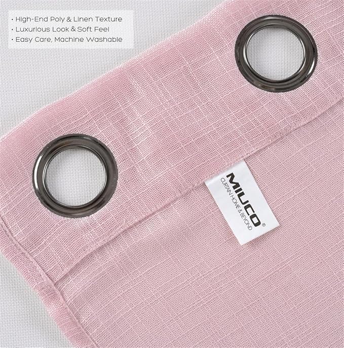 MIUCO Semi Sheer Curtains Poly Linen Textured Solid Grommet Curtains 95 Inches Long for Bedroom 2 Panels (2 x 37 Wide x 95" Long) Pink