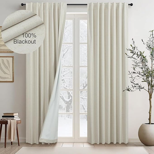 DANCURTON 78 Inch Long Linen Blackout Curtains 2 Panels Set for 76-80 Inch Window Drapes Back Tab Rod Pocket Pleated Boho Room Darkening Curtains for Sliding Glass Door Thermal 52x78 in Length Beige