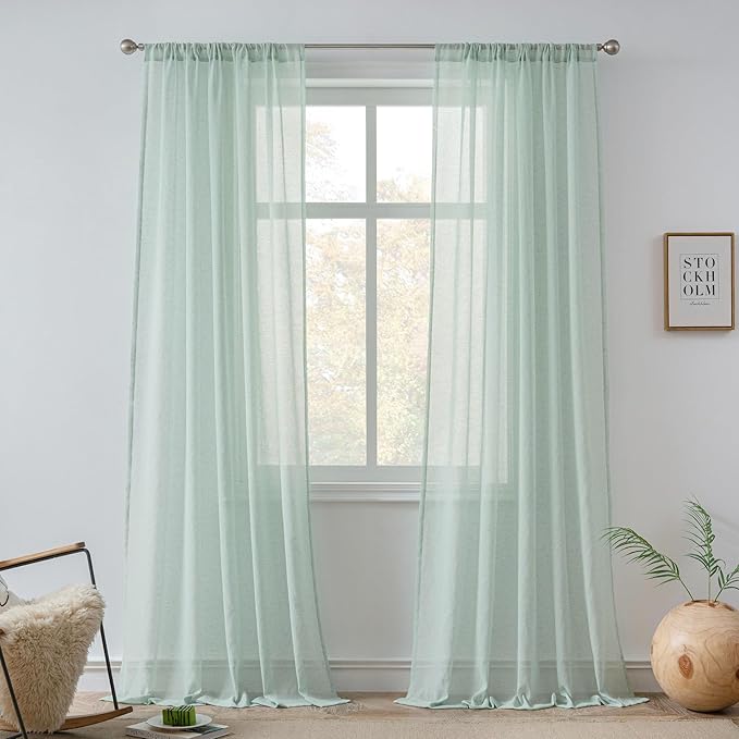 FMFUNCTEX Linen Sheer Curtains for Bedroom, Sage Green Curtains 63 Inch Length for Living Room, Farmhouse French Flax Blend Window Draperies, Rod Pocket 2 Panels Set