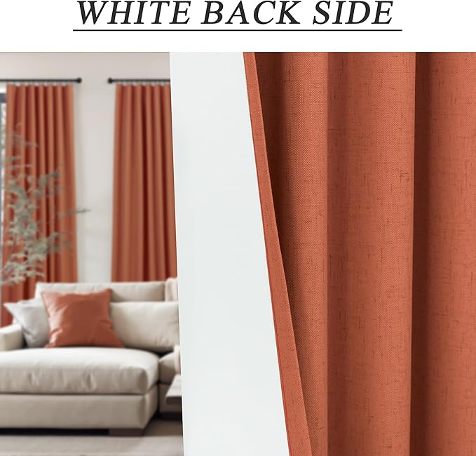Terracotta Curtain 96 Inch Long for Living Room 2 Panel Back Tab Pleated Thick Linen Blackout Vintage Western Mid Century Thermal Black Out Window Drape for Bedroom Burnt Orange Rust Colored 96 Length