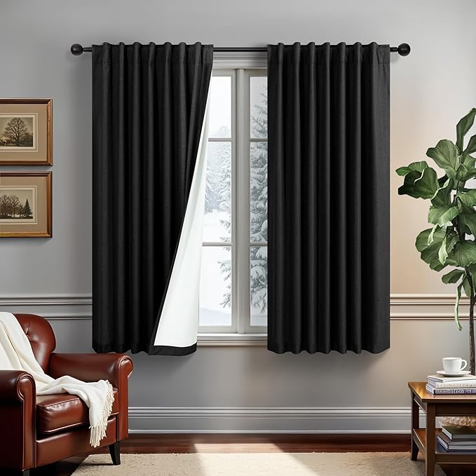 Linen Black Out Curtains 45 Inch Long 2 Panels Burg for Bedroom Windows Back Tab Heat Blocking Room Darkening Insulated Kitchen 40 Soundproof Half Block Dark Short Length Curtain Bathroom Van Garage
