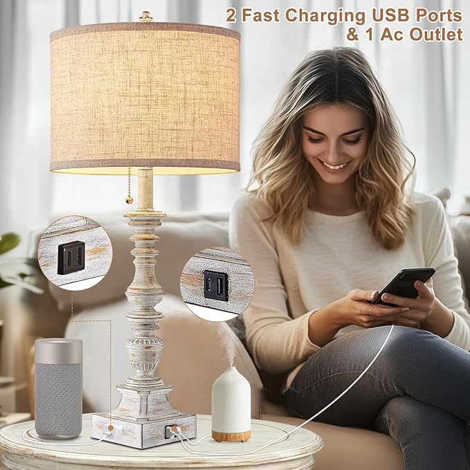 Set of 2 Farmhouse Table Lamps for Living Room, 29.5" Inch Tall Rustic Bedrooms Nightstand Table Lamp with USB-C & USB-A Charging + AC Outlet, Pull Chain Bedside Lamp for End Table, Antique White