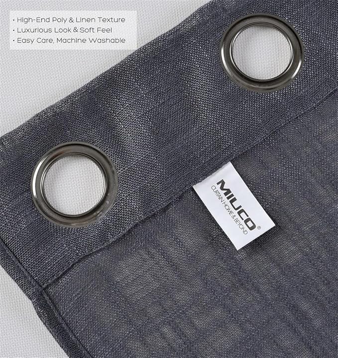 MIUCO Semi Sheer Curtains Poly Linen Textured Solid Grommet Curtains 84 Inches Long for French Doors 2 Panels (2 x 37 Wide x 84" Long) Charcoal Grey
