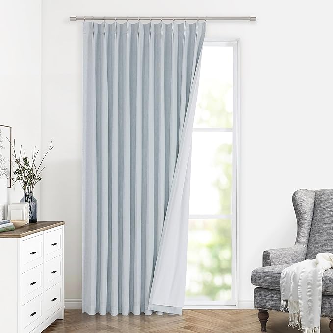 Vision Home Blue Fog Pinch Pleated Full Blackout Curtains Linen Blended Room Darkening Window Curtains 63 inch for Living Room Bedroom Thermal Insulated Pinch Pleat Drapes with Hooks 1 Panel 60"Wx63"L