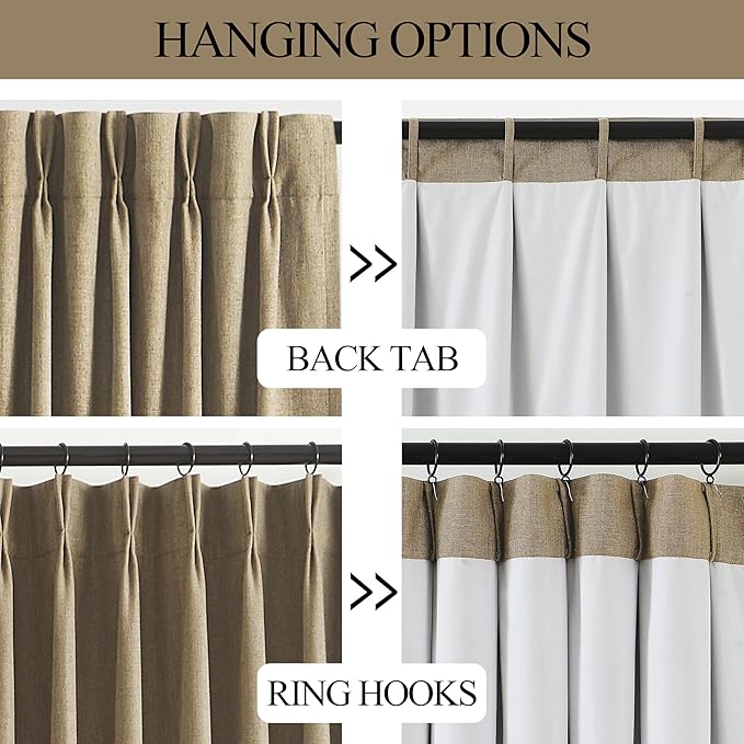 Vision Home Brown Pinch Pleated Full Blackout Curtains Linen Blended 60" Wide Thermal Insulated Window Panels 90 inch for Bedroom Living Room Darkening Pleat Drapes with Hooks Back Tab 60" Wx90 Lx1