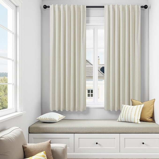 Short Linen Blackout Curtains for Bedroom 45 Inches Length 2 Panels Set Cafe Kitchen Bathroom Curtains for 42 Inch Small Window Light Blocking Thermal Insulated Drapes for Laundry Room Back Tab Beige