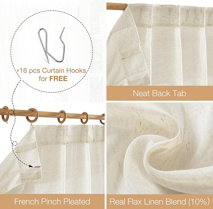 FMFUNCTEX Linen Sheer Pinch Pleated Curtains for Living Room, Linen Flax Beige 108 Inches Long Sheer Curtain See Through Panels for Bedroom, Natural Window Drapes for Farmhouse, Rod Pocket 2 Panels