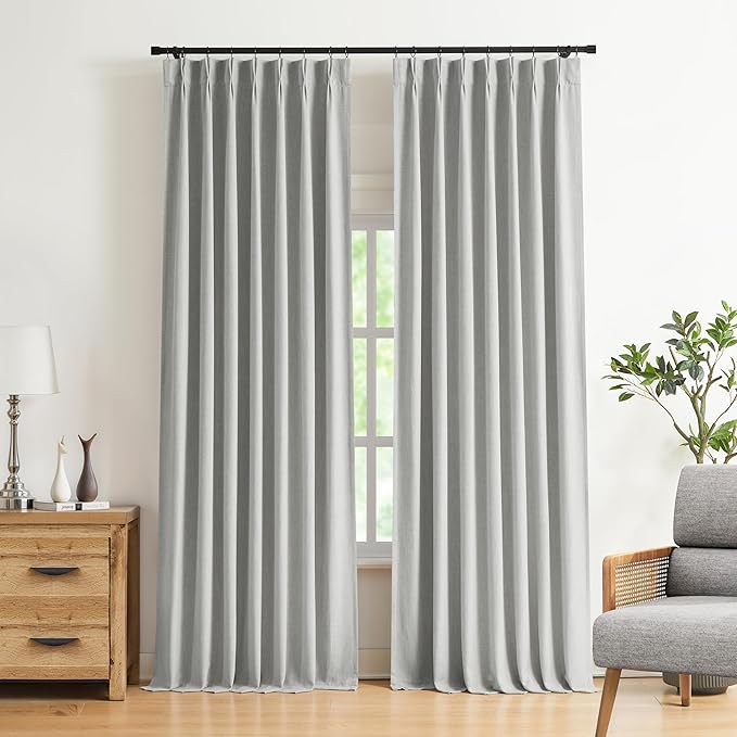 Vision Home Light Grey Pinch Pleated Full Blackout Curtains Linen Blended Room Darkening Curtain Panels 84 inch for Living Room Bedroom Thermal Insulated Pinch Pleat Drapes with Hooks 40" Wx84 Lx2