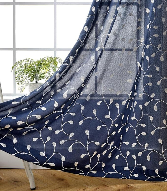 MIUCO Floral Embroidered Semi-Sheer Curtains Faux Linen Grommet Window Panels for Doors 52 x 95 Inch 2 Panels, Navy Blue