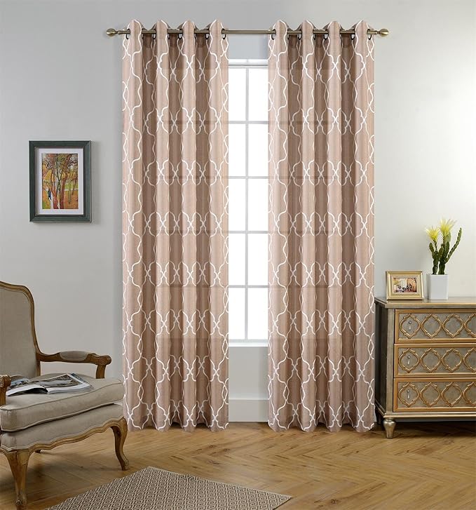 MIUCO Moroccan Embroidery Semi Sheers Curtain Faux Linen Grommet Window Curtains for Office 52 x 95 Inch 2 Panels, Taupe