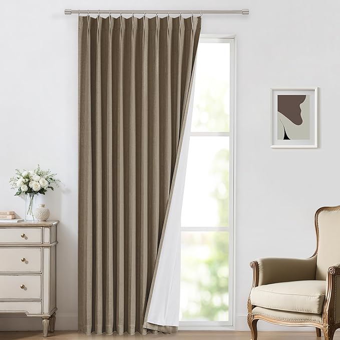 Vision Home Brown Pinch Pleated Full Blackout Curtains Linen Blended 60" Wide Thermal Insulated Window Panels 112 inch for Bedroom Living Room Darkening Pleat Drapes with Hooks Back Tab 60" Wx112 Lx1