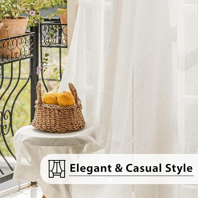 FMFUNCTEX Linen Sheer Curtains for Bedroom, Beige Curtains 54 inch Length for Living Room, Natural Flax Blend Window Draperies for Farmhouse Curtain, Rod Pocket 2 Panels