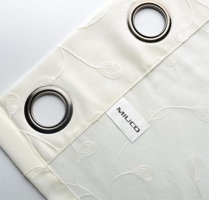 MIUCO Floral Embroidered Semi Sheer Curtains Faux Linen Grommet Curtains for Girls Room 52 x 84 Inch Set of 2, Off White