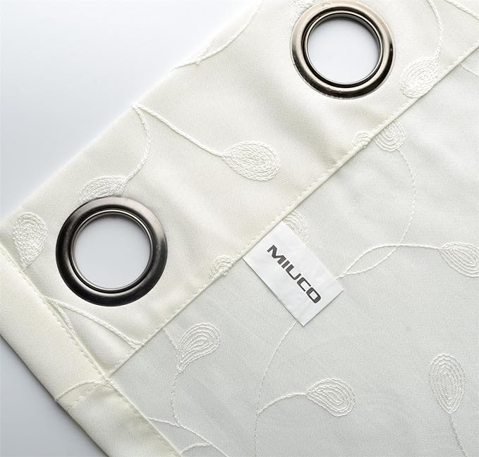 MIUCO Floral Embroidered Semi Sheer Curtains Faux Linen Grommet Curtain Panels for Living Room 52 x 95 Inch 1 Pair, Off White