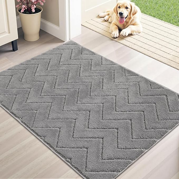 Stiio Front Door Mat Indoor Outdoor Entrance, Absorbent Muddy Dirt Resist Doormat, Low Profile Washable Fade Resistant Entryway Mat for Entry Patio Porch, 24x35.5 Inches Grey