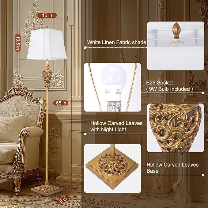 Vintage Farmhouse Floor Lamp with Nightlight, 65" Tall Standing Lamp with White Linen Fabric Shade, Antique Gold Finish, Elegant Reading Corner Light for Living Room, Bedroom, Office (Bulb Included)